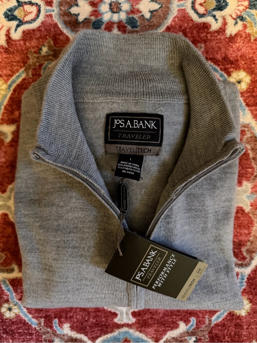 NWT Jos. A Bank Travel Tech Full Zip Merino Wool Jacket in Gray, Size Large